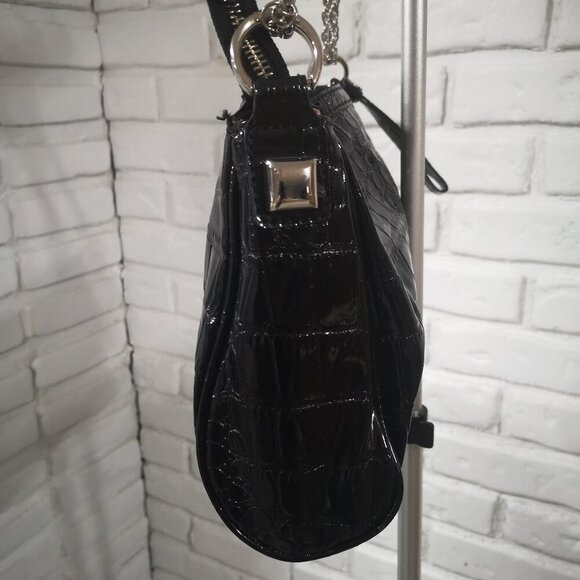 Guess Ladies Black Faux Leather Zipper Closure Chain Straps Hand/Shoulder Bag - Picture 5 of 10